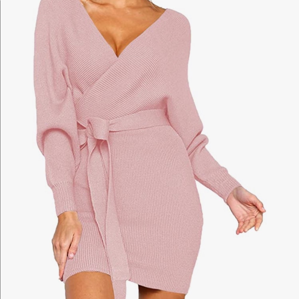 Pink Knit Wrap Sweater Dress
